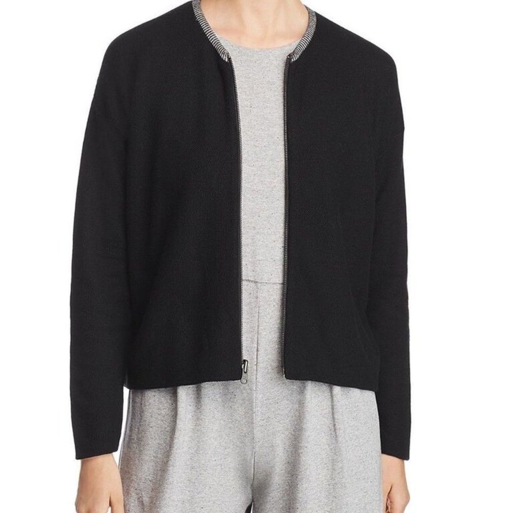 NWT Eileen Fisher Black Peruvian Organic Cotton Round Neck Cardigan